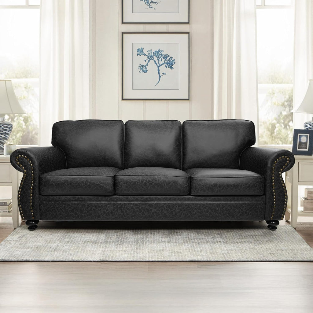 Couchus Mid-Century Vintage Sofa Couches with Rivet Design,3-Seater Sofa,Removable Sofa Cover Upholstered Cushions and Solid Wood Frame (Grey, 3-Seater)