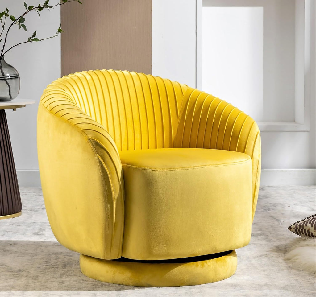 Container Furniture Direct Modern Barrel Swivel Chair with Plush Velvet Upholstery and Smooth 360° Rotation, Round Accent One-Seater Sofa for Living Room, Bedroom, and Office, Yellow