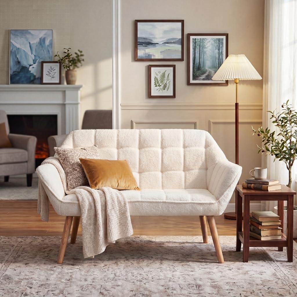 48'Small Loveseat Sofa, Modern Sherpa Upholstered Mini Couch 2-Seater Fluffy Love Seat with Quilting Backs and Wood Legs for Living Room, Bedroom and Small Space, White