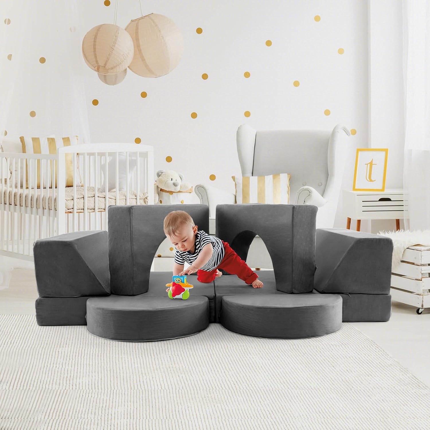 Costzon Convertible Toddler Couch, 8PCS Kids Modular Play Sofa w/Detachable Cover for Playroom, Creative Couch for Playing, Creating & Sleeping, Imaginative Furniture for Girls & Boys (Gray)