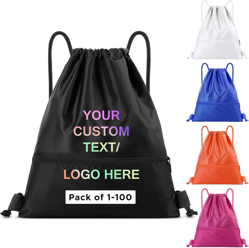 Custom Drawstring Bags Bulk With Logo, 20 Pack Personalized Text String Backpack with Zip Pocket for Gym, Sports, Events, Travel and Daily Use,Black