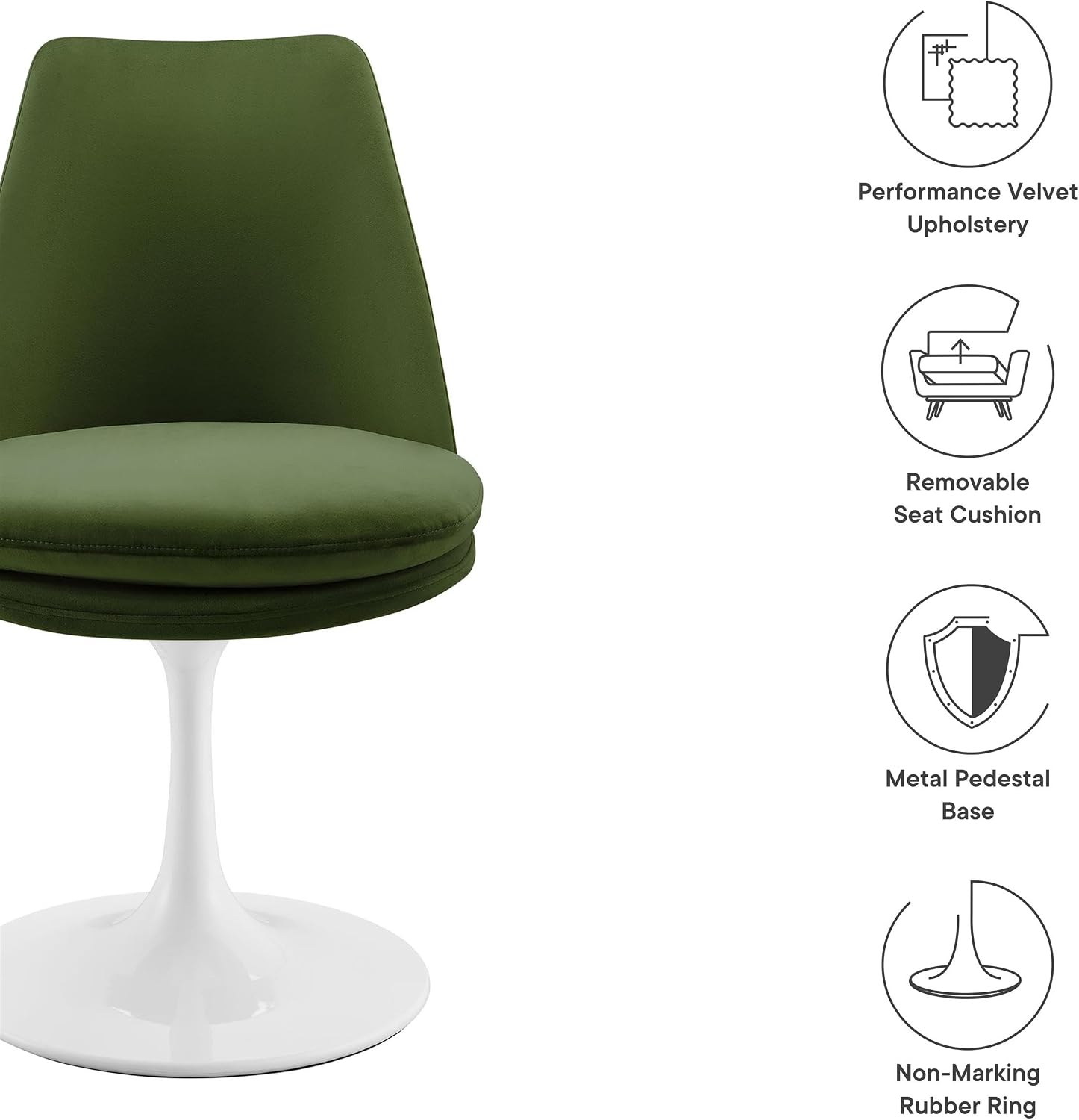 Modway Lippa Velvet Swivel Dining Side Chair in White Moss Green - Armless Accent Chair with Stain-Resistant Performance Velvet Upholstery - 360° Rotating Office Chair