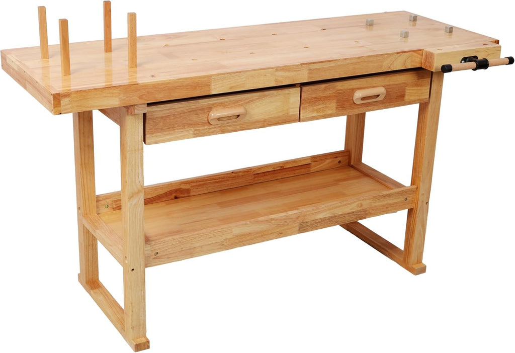 Montary 60' Professional Rubberwood Workbench with 2 Drawers & Open Shelf, Natural Finish Work Bench with Adjustable Handle for Garage, Woodworking Carpenter Workshop & Home Use