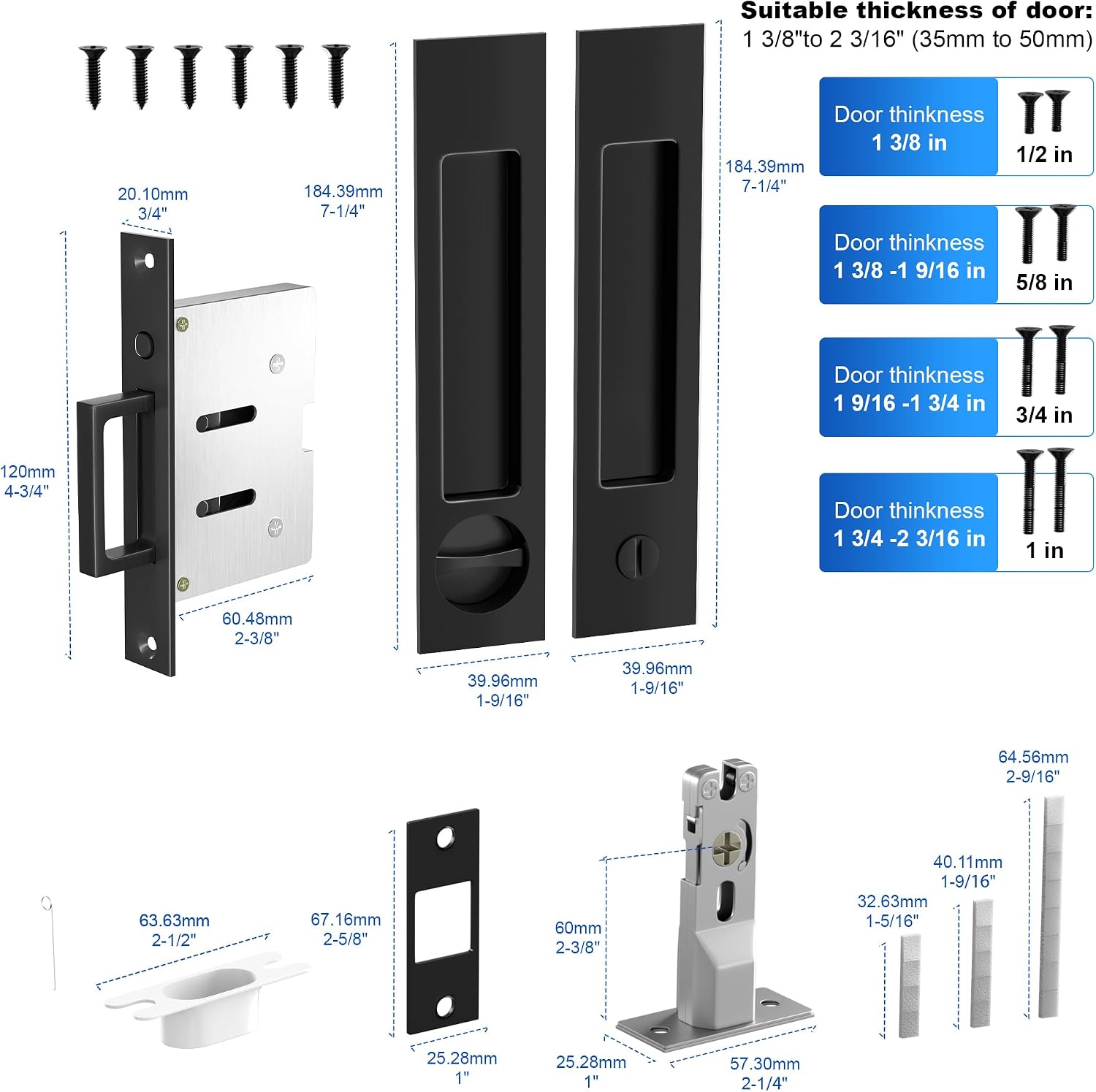 Dontay Pocket Door Handle and Edge Pull, Narrow Modern Rectangular Keyed Entry Function, Recessed Sliding Door Hardware for 1 3/8' to 2 3/16' Thickness Door (Privacy Lock, Matte Black, 2 Pack)