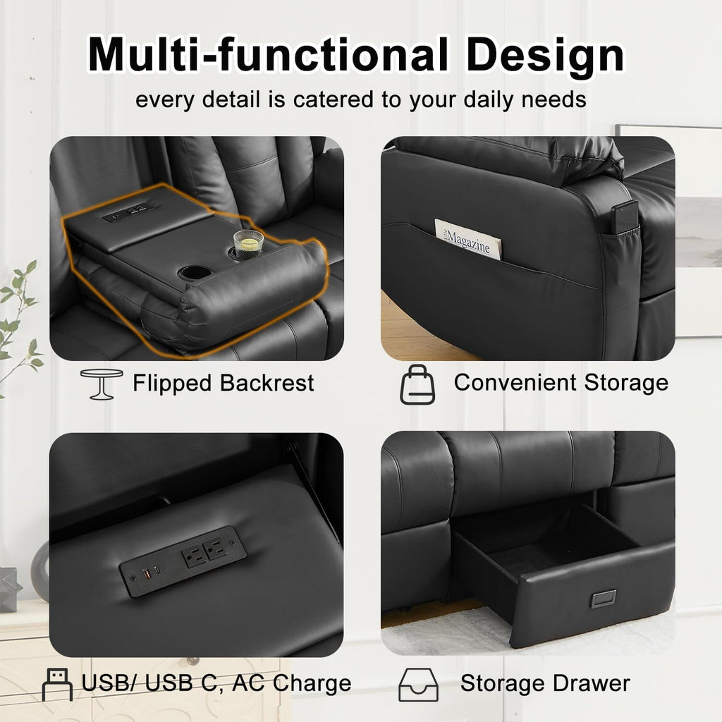 Loveseat Recliner Sofa,3 Seater RV Recliner Couch, Manual Reclining Loveseat with Console for Living Room, Home Theater Seating with AC/USB C/USB and Drawer (Black, 3 Seater + Console)
