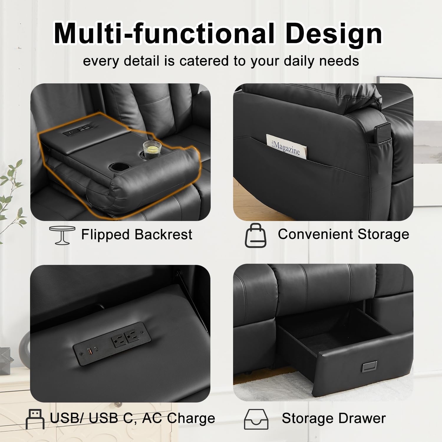 Loveseat Recliner Sofa,3 Seater RV Recliner Couch, Manual Reclining Loveseat with Console for Living Room, Home Theater Seating with AC/USB C/USB and Drawer (Black, 3 Seater + Console)