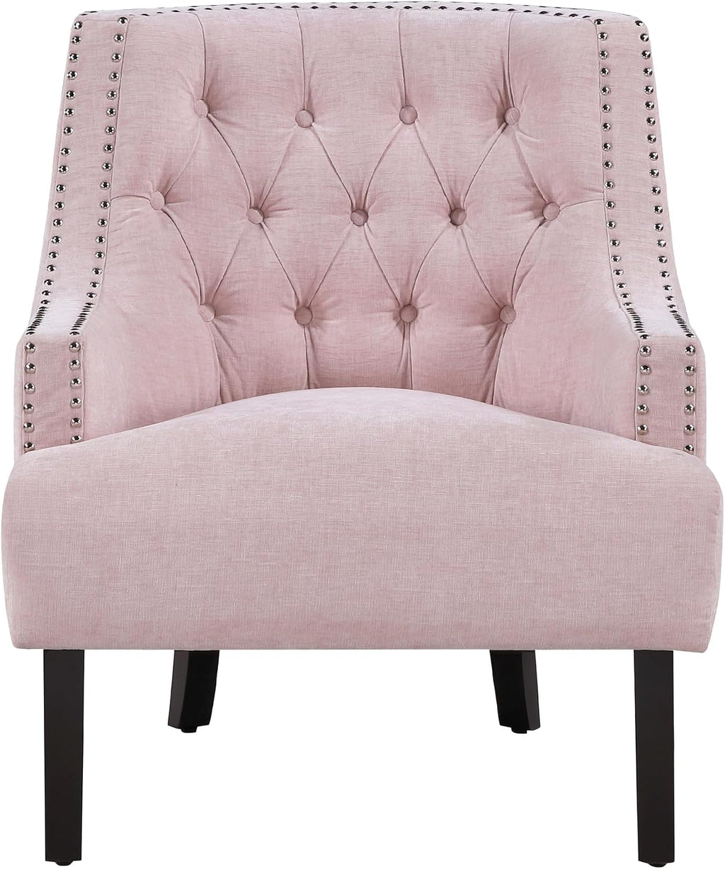 Lexicon Accent Chair Reading Chair Comfy Chair for Bedroom, Upholstered Armchair with Solid Wood Frame, Tufted Cushion Nail Head Trim, Single Sofa Chair for Living Room, Office, Pink Chenille