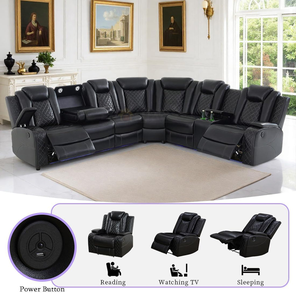Power Recliner Sectional Sofa Set, Living Room Furniture Sets, Black Leather Sectional Reclining Couch and 2-Seater Power Reclining Loveseat with 4 Recliners/LED Light/Storage Console