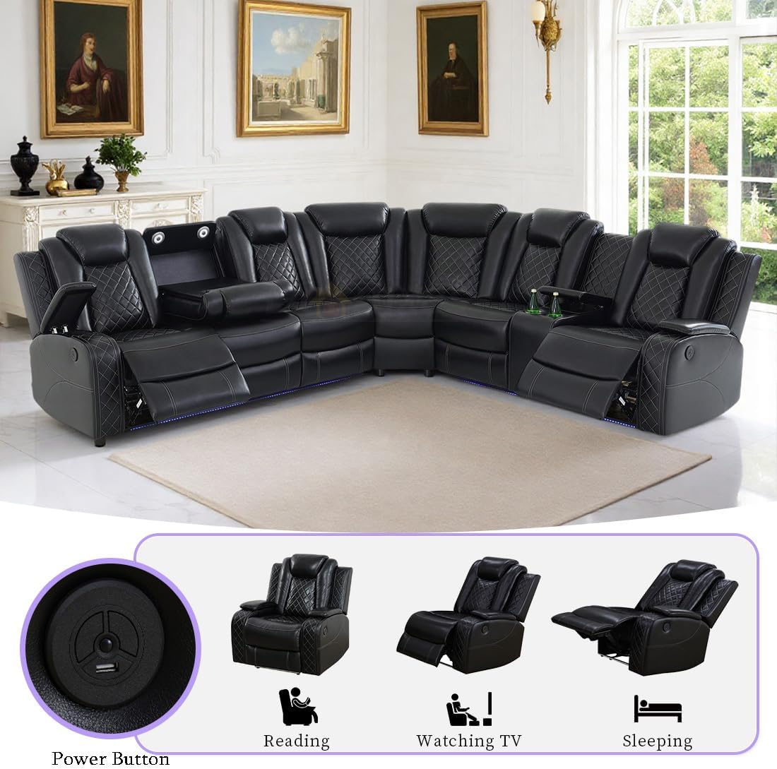 Power Recliner Sectional Sofa Set, Living Room Furniture Sets, Black Leather Sectional Reclining Couch and 2-Seater Power Reclining Loveseat with 4 Recliners/LED Light/Storage Console