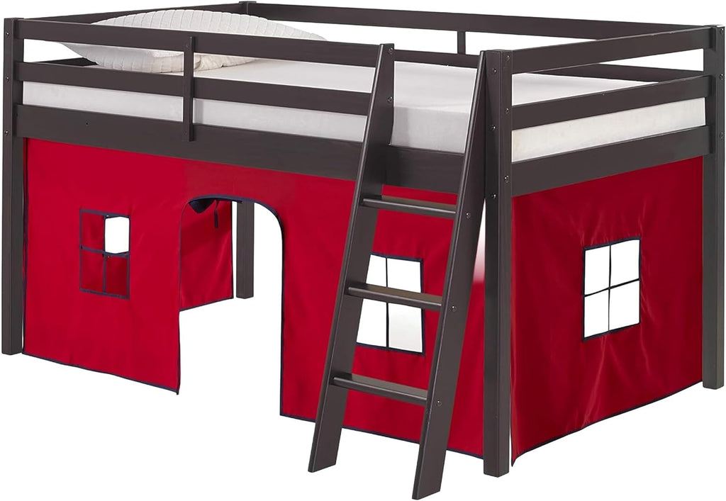 Alaterre Furniture Roxy Low Loft Bed Twin Size Frame with Tent - Solid Wood Loft Bed with Safety Guardrails, Inclined Ladder and Play Tent - No Box Spring Needed, Easy Assembly (Espresso & Red)