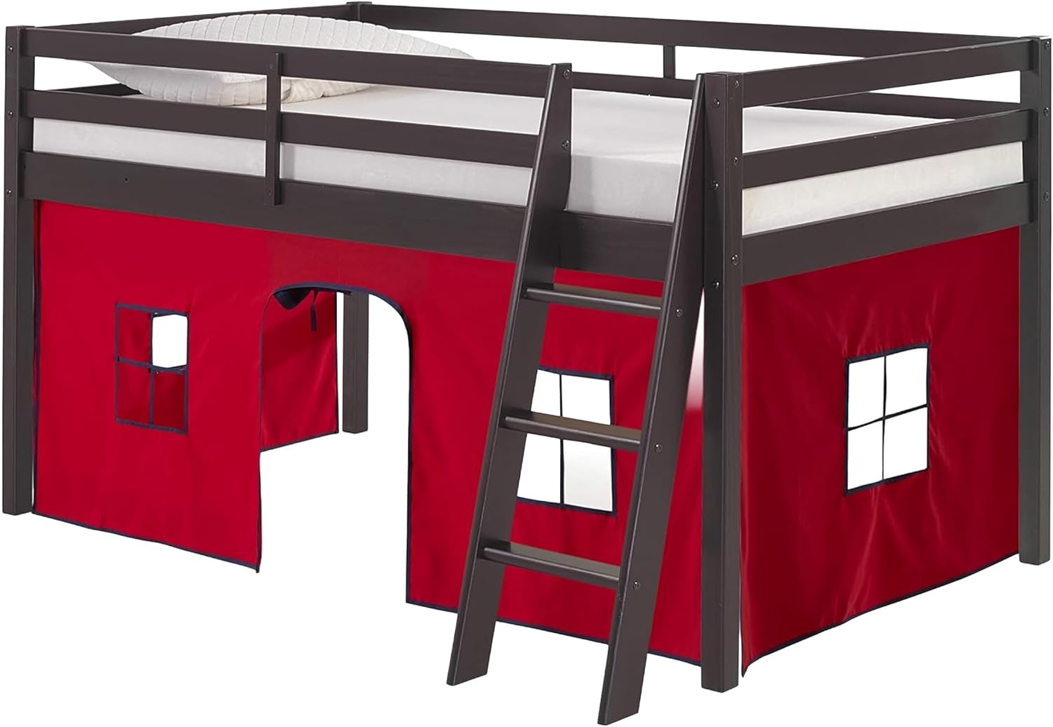 Alaterre Furniture Roxy Low Loft Bed Twin Size Frame with Tent - Solid Wood Loft Bed with Safety Guardrails, Inclined Ladder and Play Tent - No Box Spring Needed, Easy Assembly (Espresso & Red)