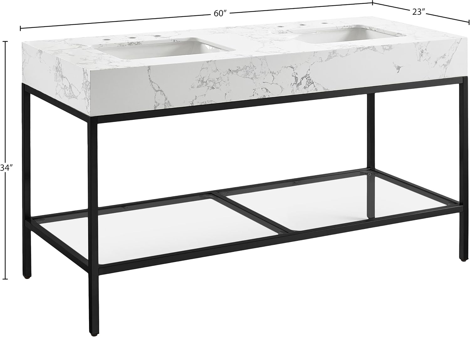 Meridian Furniture 407White-60 Marmo Collection Modern | Contemporary Bathroom Vanity with White Engineered Stone with Grey Veining, Matte Black Metal Base, 60' W x 23' D x 34' H, White
