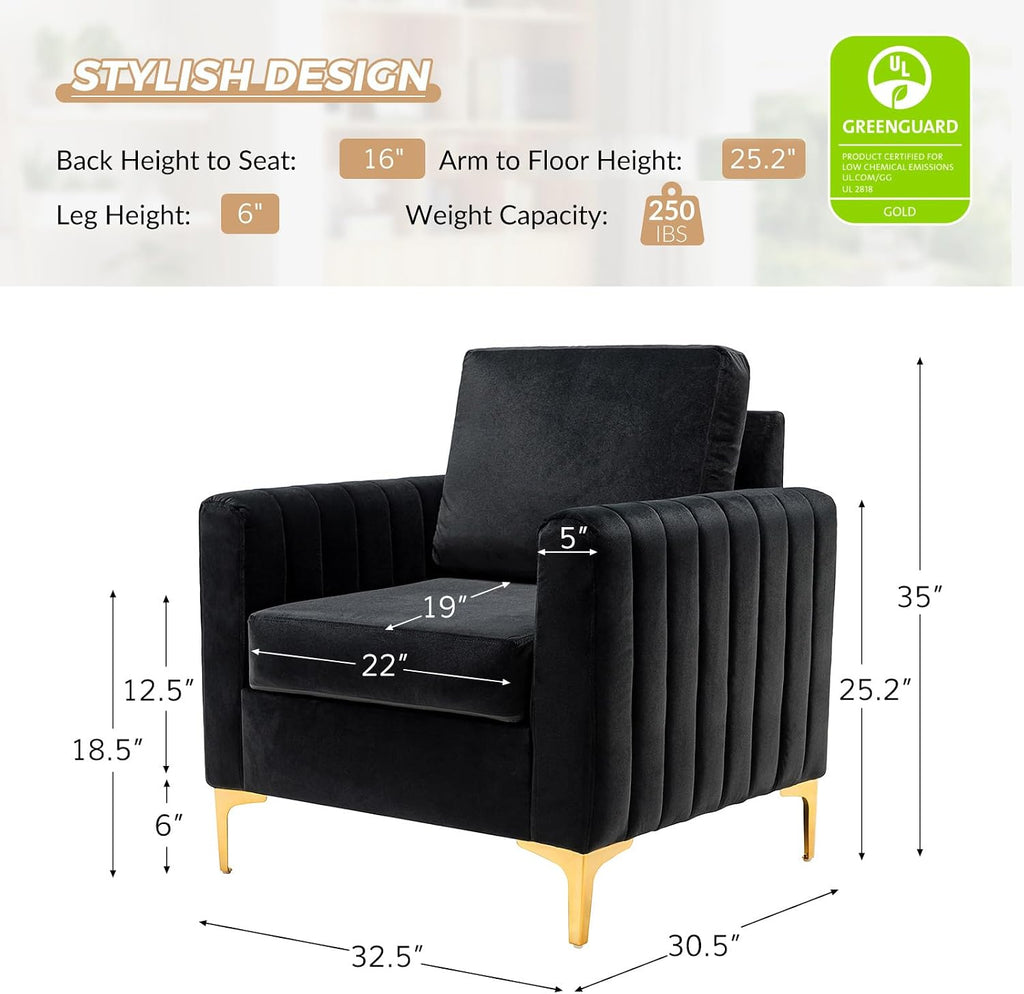 HULALA HOME Velvet Accent Club Chairs Set of 2, Modern Velvet Armchair Upholstered Accent Club Chairs Sofa Chairs with Gold Metal Legs Mid-Century Barrel Leisure Comfy Reading Armchair, Black
