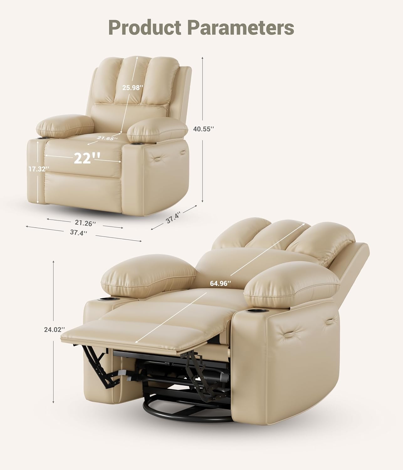 GarveeHome Oversized Recliner Chairs with Heat and Massage - 360° Swivel Lazy Recliner Chair for Adults- Manual Chair with Cup Holder for Living Rooms, Bedrooms and Nurseries - Creamy