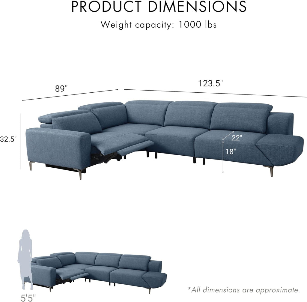 Furniture of America Kirel Modern Sectional Recliner with USB Ports, Adjustable Headrests and Swivel Armrest, Reclining Sofa, L Shape Couch for Living Room, Office, Home Theater, Playroom, Blue