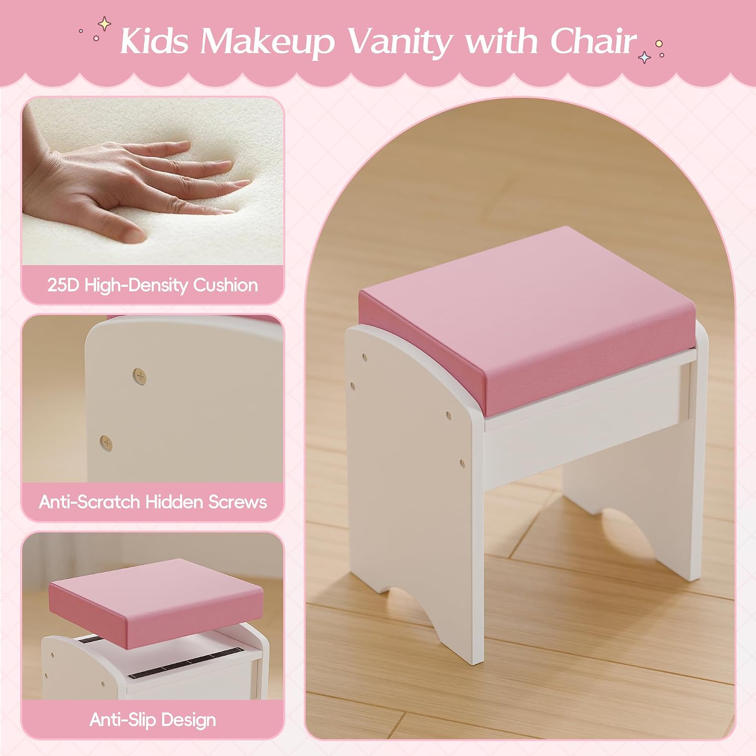 TOLEAD Kids Vanity, Girls Vanity Set with Mirror and Stool and Lights, Toddler Vanity Table and Chair Set with Jewelry Storage, Wooden Princess Makeup Desk Dressing Table for Girls (White)