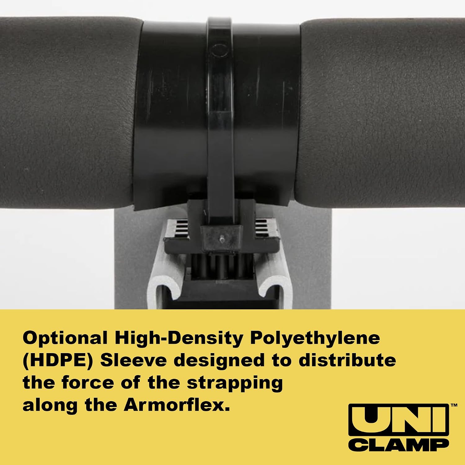 Strut Clamp for Piping and Conduit (10pcs & 100pcs), 3/8' to 5' Universal Size, Tool-Free Install, Made in USA, Non-Corrossive, Non-Conductive. (Uniclamp + Stainless Strap + HDPE Sleeve, 100)