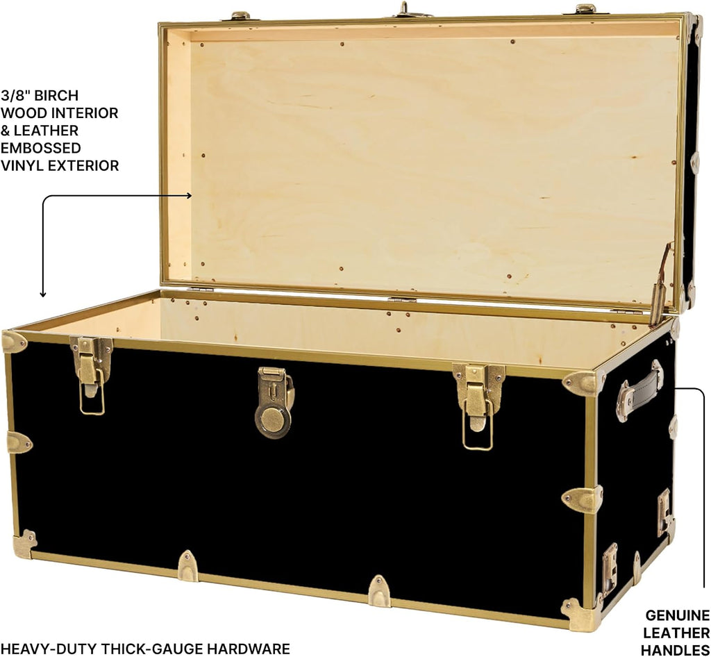 Rhino Trunk & Case Classic XXL College Trunk with Wheels, Antique Brass Hardware, Soft Close - 36'x18'x18', Seats 1500+ lbs, USA Made Secure Dorm Footlocker, Home Storage, Steamer Style Blanket Chest