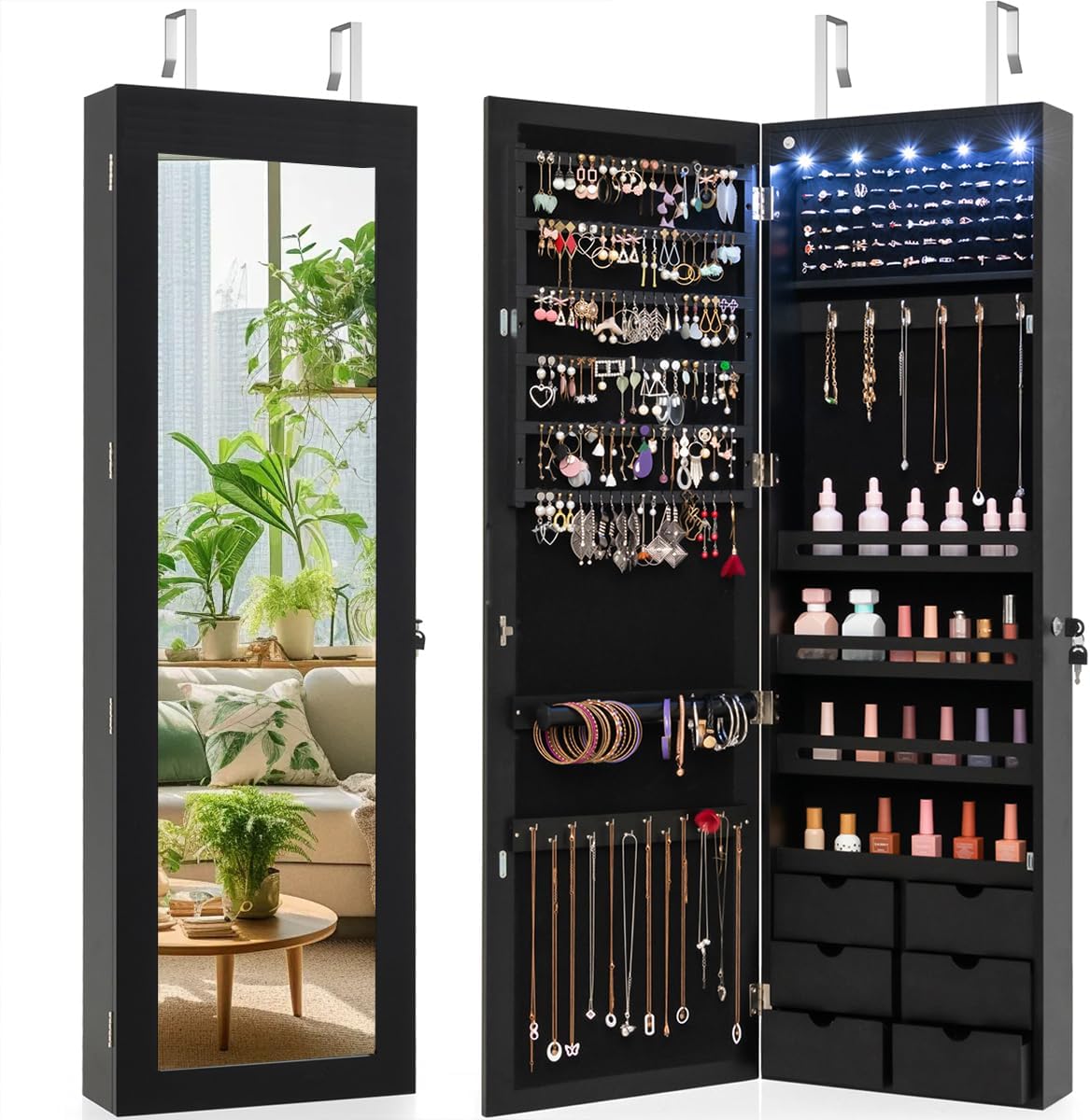 Giantex Wall Door Mounted Jewelry Cabinet with Full Length Mirror, Lockable Over Door Jewelry Armoire with LED Lights, 47.5' Large Jewelry Storage Organizer with 6 Drawers, Black
