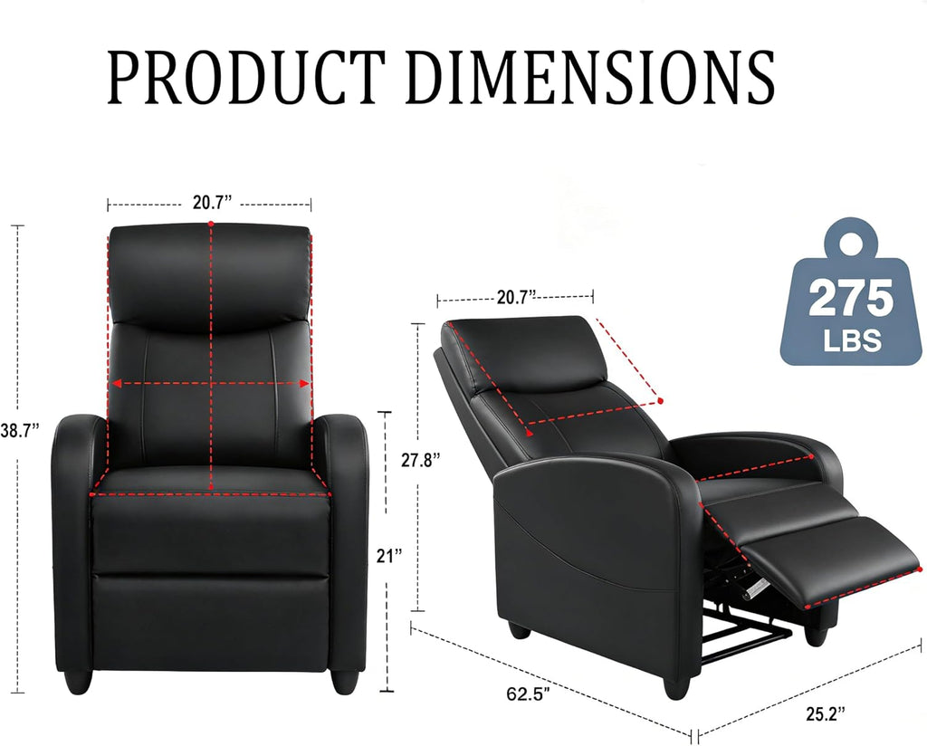 Simple Deluxe Massage Recliner Chair - Adjustable PU Leather Recliner, Luxe Reading Chair & Sofa Chair for Living Room Chairs or Bedroom Chair, Small Recliner for Home Theater, Black