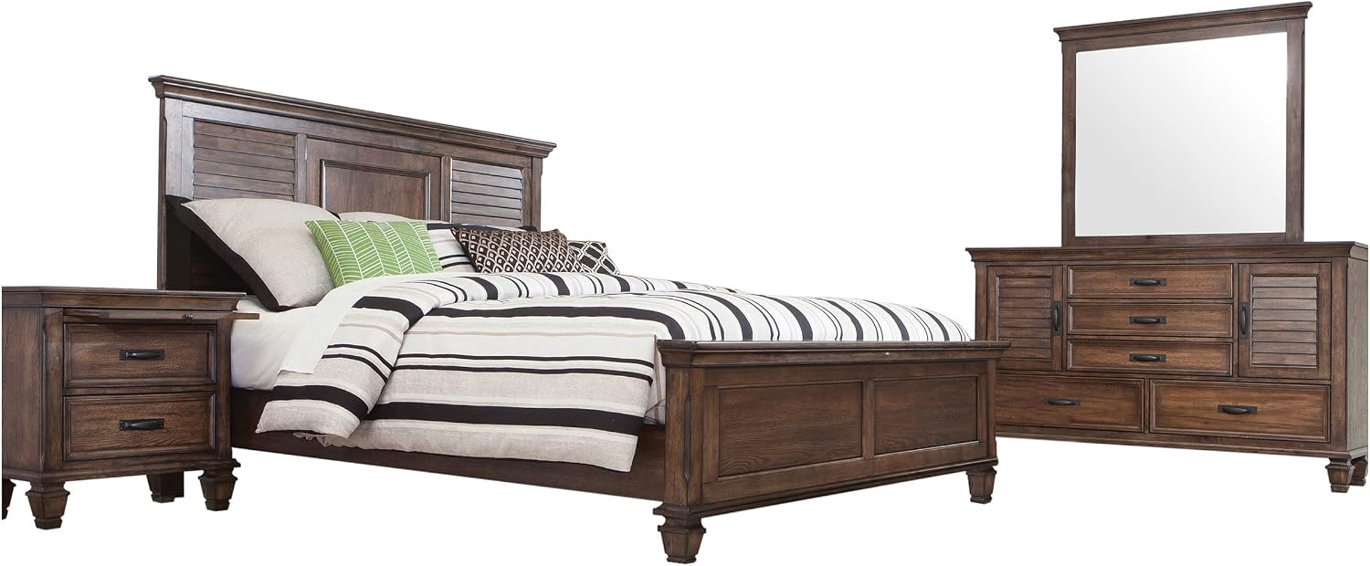 Coaster Home Furnishings Franco Farmhouse 4-Piece Bedroom Set Eastern King Size Panel Bed Frame 57-inch Headboard Burnished Oak 200971KE-S4