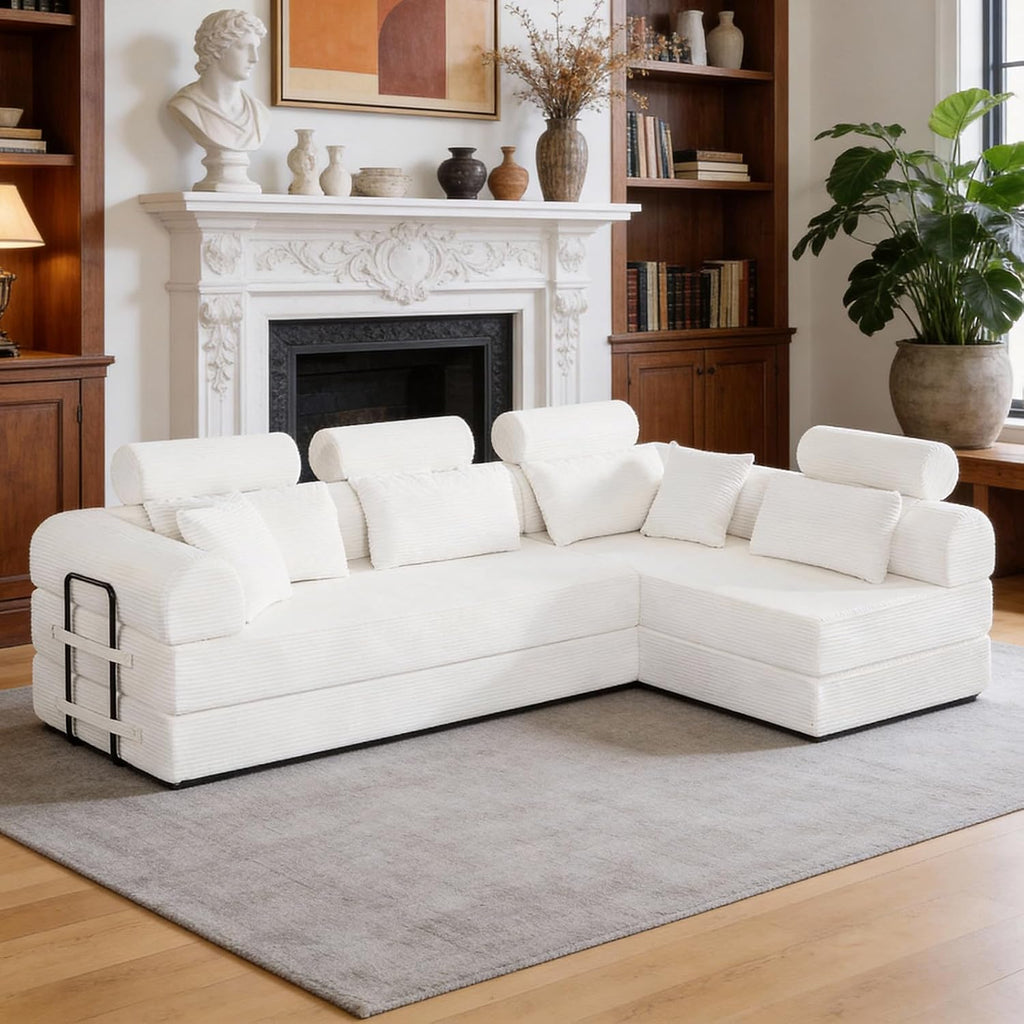 KEIKI 6-in-1 Folding Convertible High Back Sofa Sleeper, 106' Oversized Modular Sectional Corduroy Upholstered L Shape Couches for Living Room, High-Density Foam for Large Apartment Living, Beige