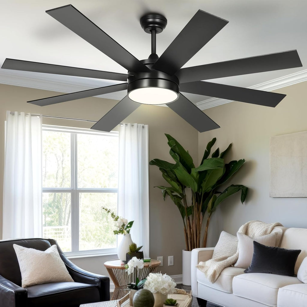 YITAHOME 60 Inch Black Ceiling Fan with Lights and Remote,8 Blades,App Control, Modern Smart Ceiling Fan Compatible with Alexa for Indoor, Reversible Quiet Motor, Memory Function