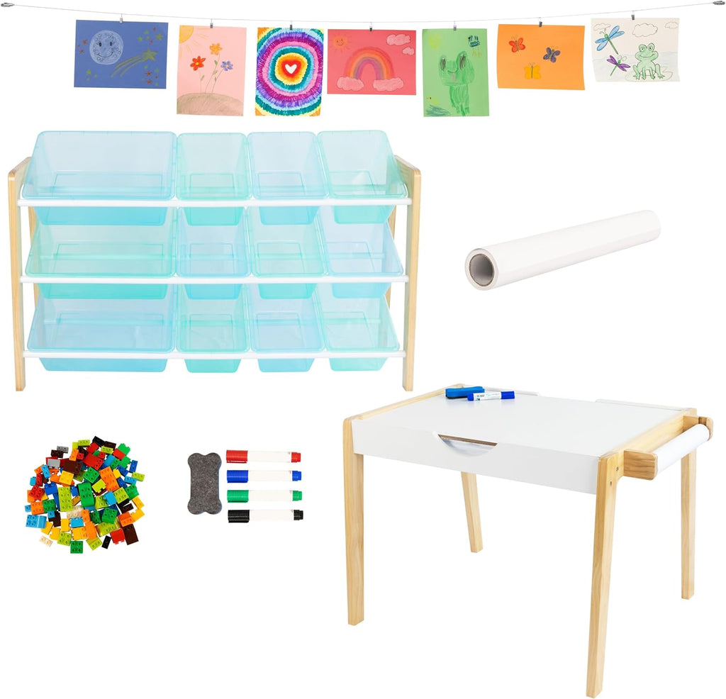 Humble Crew Kids Activity Table with Storage, 3-in-1 Table with Building Bricks, Art Paper Roll & 12-Bin Organizer, Playroom Desk for Learning, Crafts & Building Block Play