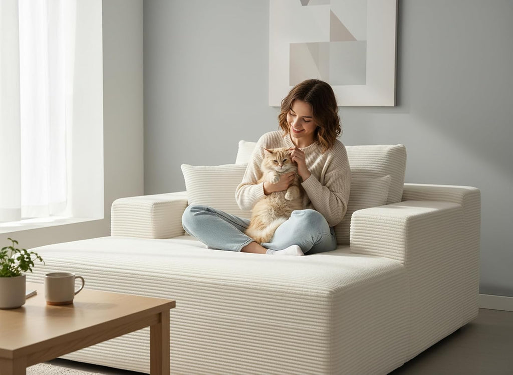 Container Furniture Direct Dawson Convertible Chaise Lounge Chair Indoor – Oversized Corduroy Couch with Wide Armrest & Throw Pillows, Cozy Boneless Sleeper Sofa Bed Armchair, Beige
