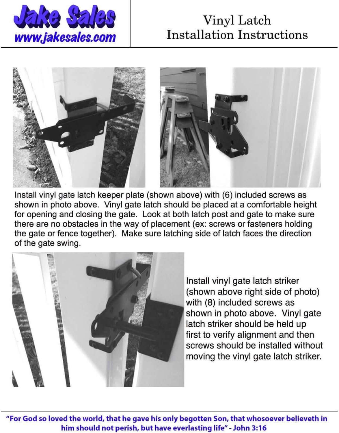 Jake Sales - Stainless Steel Gate Latch White (for Vinyl, Wood, PVC etc Fencing) Fence Gate Latch w/Mount Hardware - CASE Qty 12