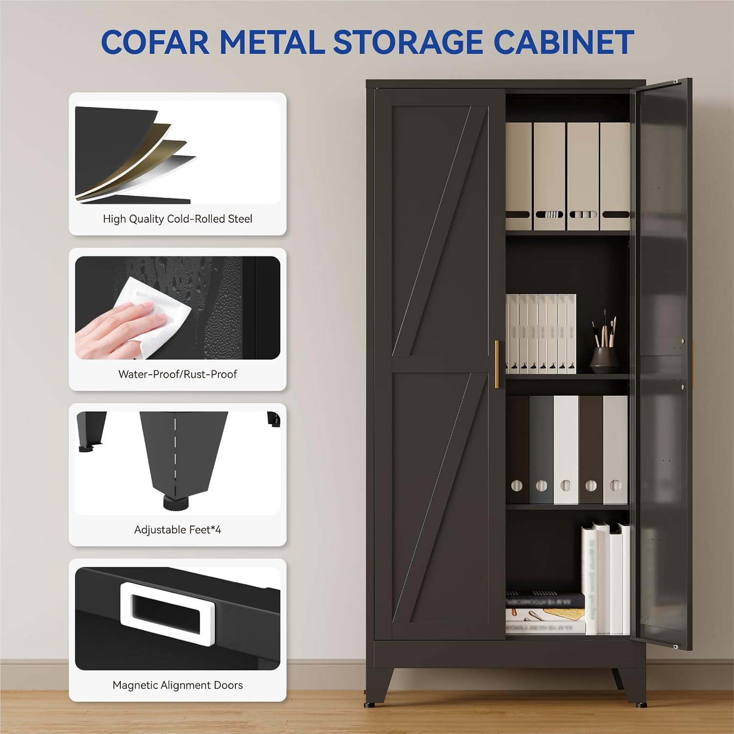 COFaR 61'' Tall Metal Storage Cabinet, Farmhouse Kitchen Pantry Cabinet with Doors and 3 Adjustable Shelves, Black Metal Cabinets for Garage, Kitchen, Bathroom, Laundry, 4-Tier
