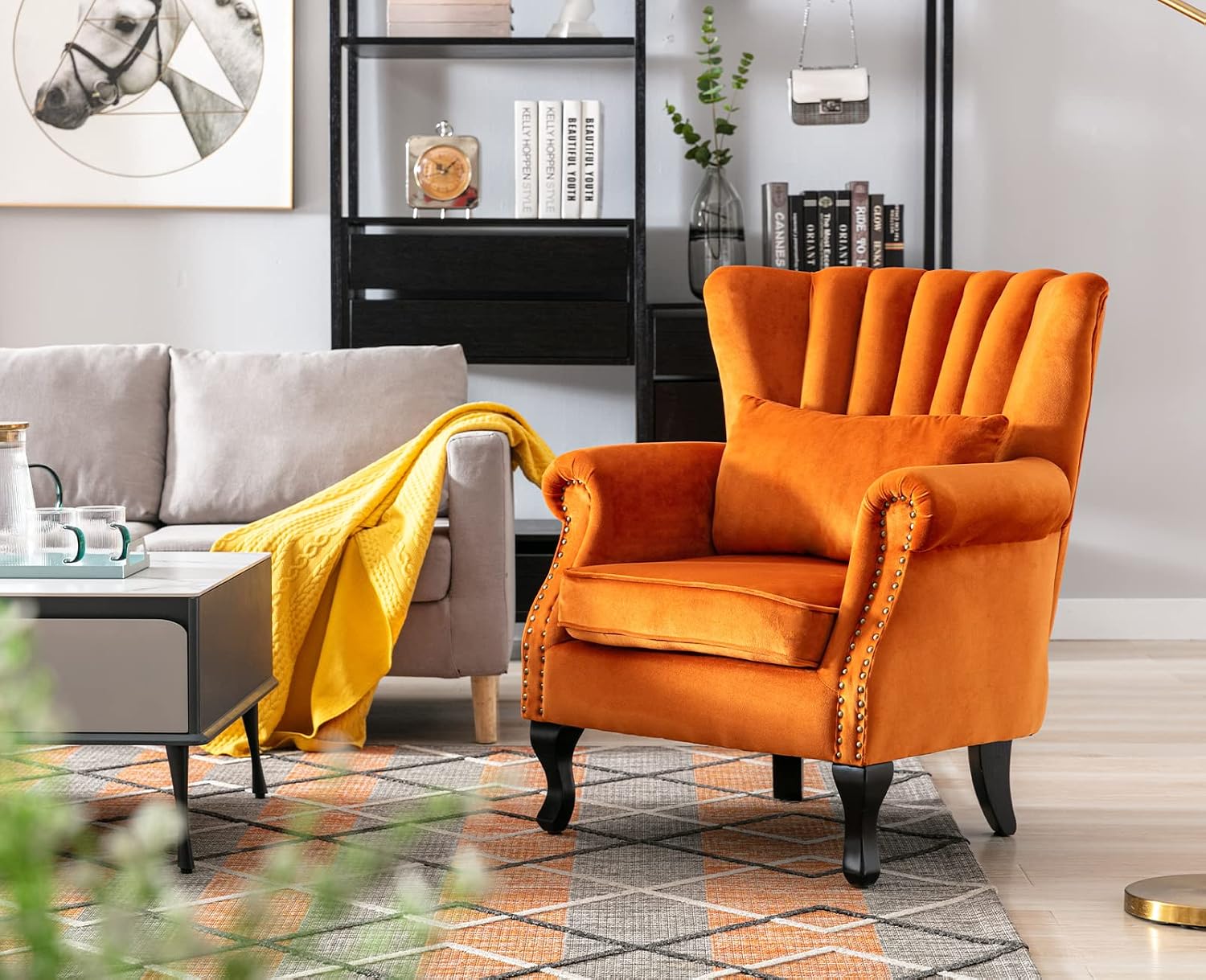 Kmax Orange Accent Chair Velvet Wingback Chair with Pillow Nail-Head Channel Tufted Oversized Club Chair for Living Room Bedroom Guest Room