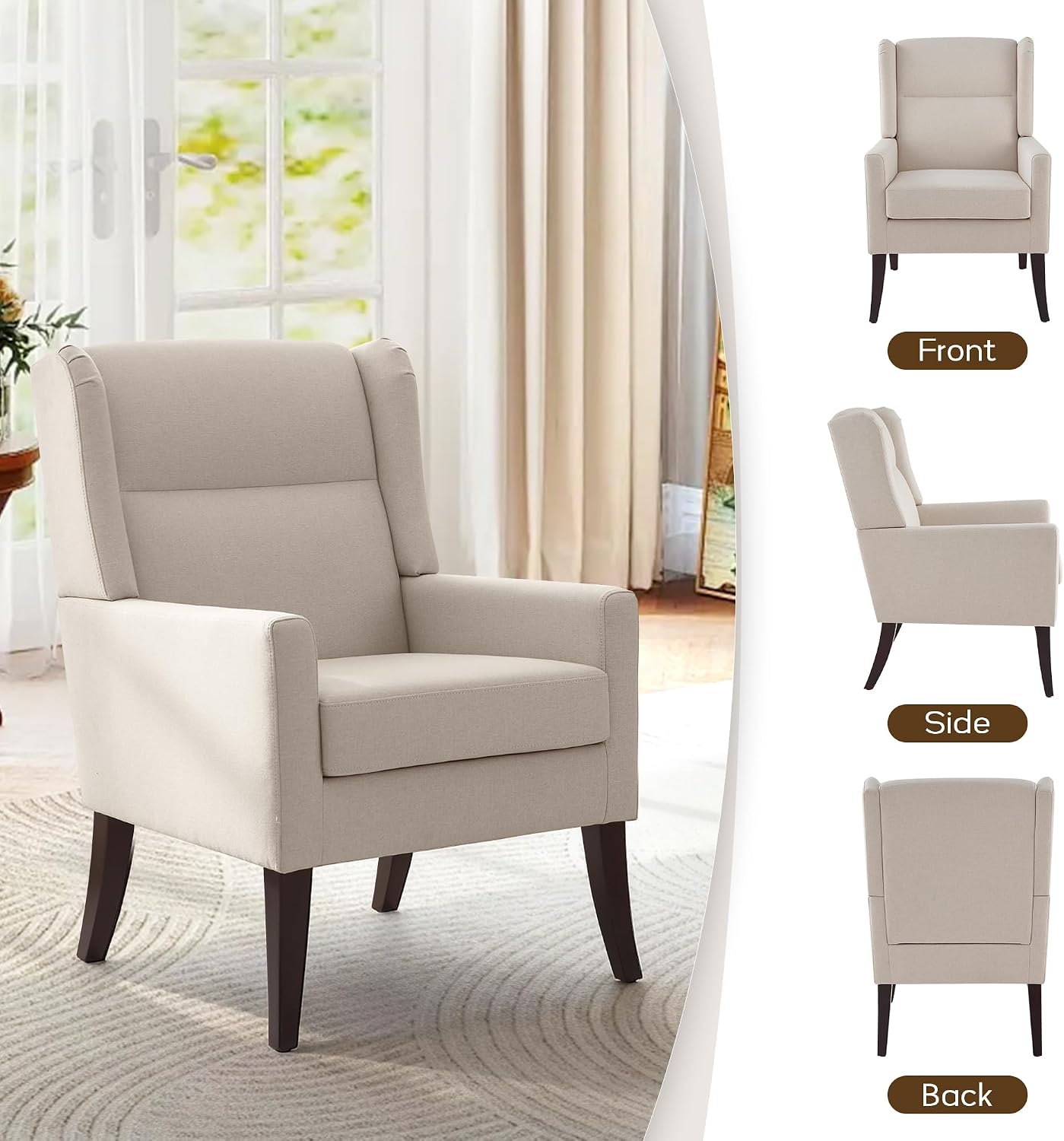 Zihanhome High Back Living Room Chairs, Fabric Accent Chair, Comfy Upholstered Armchair with Wooden Legs for Living Room, Bedroom, Apartment (1, Beige)