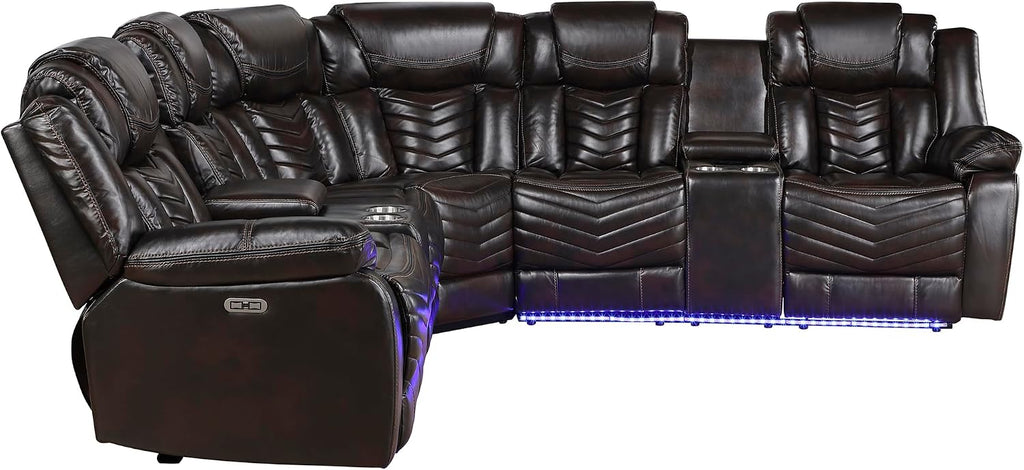 Lexicon Modern 3-Piece Power Reclining Sectional Sofa, Wall Hugger Faux Leather Sectional Couch, with Consoles, Speakers, Subwoofer and Led Lighting, for Living Room/Office/Apartment, Dark Brown