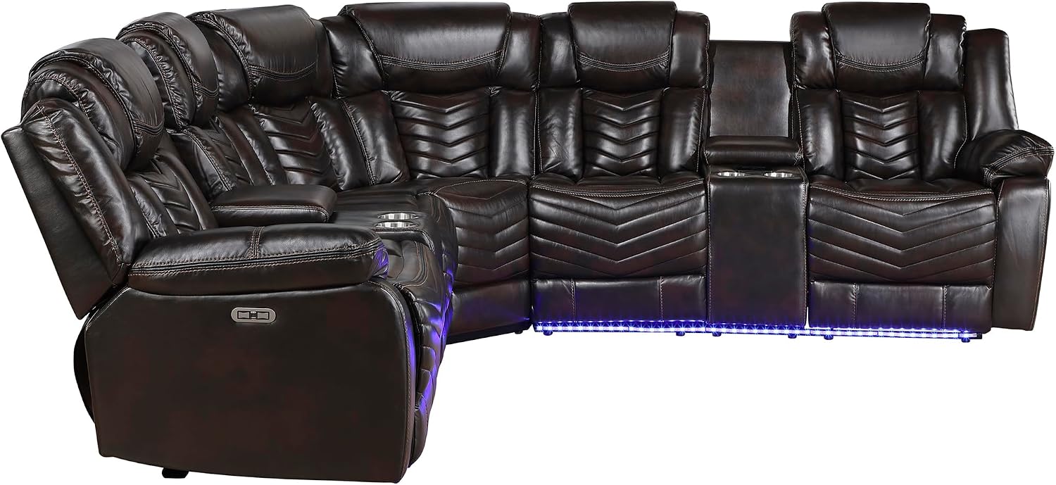 Lexicon Modern 3-Piece Power Reclining Sectional Sofa, Wall Hugger Faux Leather Sectional Couch, with Consoles, Speakers, Subwoofer and Led Lighting, for Living Room/Office/Apartment, Dark Brown