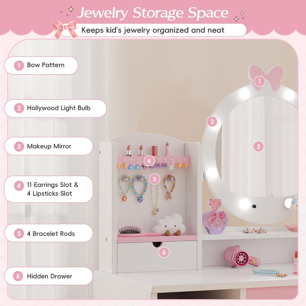 TOLEAD Kids Vanity, Girls Vanity Set with Mirror and Stool and Lights, Toddler Vanity Table and Chair Set with Jewelry Storage, Wooden Princess Makeup Desk Dressing Table for Girls (White)