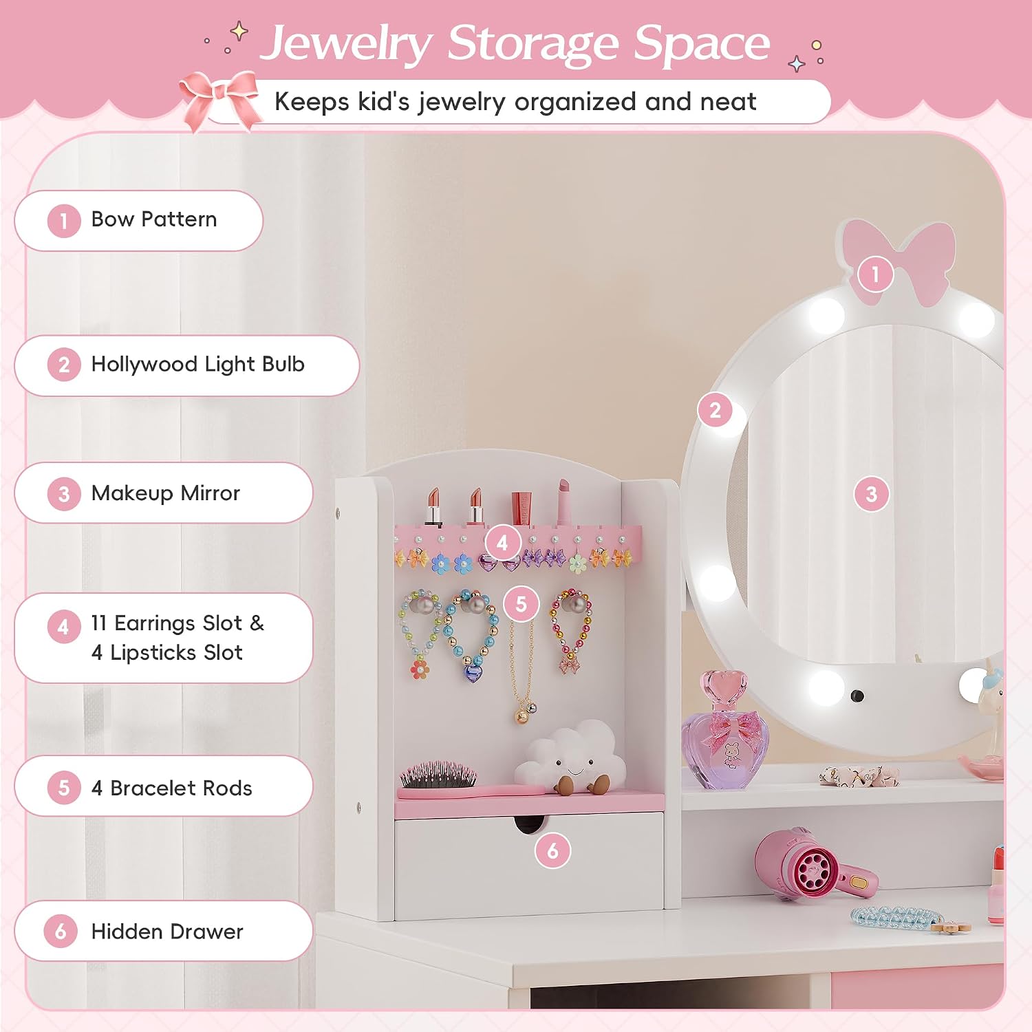 TOLEAD Kids Vanity, Girls Vanity Set with Mirror and Stool and Lights, Toddler Vanity Table and Chair Set with Jewelry Storage, Wooden Princess Makeup Desk Dressing Table for Girls (White)