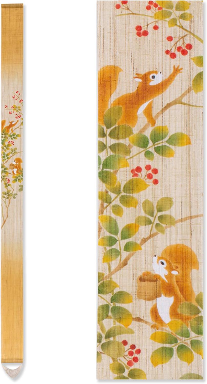 KYOTO RAKUSHIAN Japanese Wall Tapestry Hanging Scroll (Squirrels Collecting Nuts) Mini Long and Narrow/Made in Japan Linen 100% Japanese Asian Oriental Room Home Bedroom Aesthetic Decor