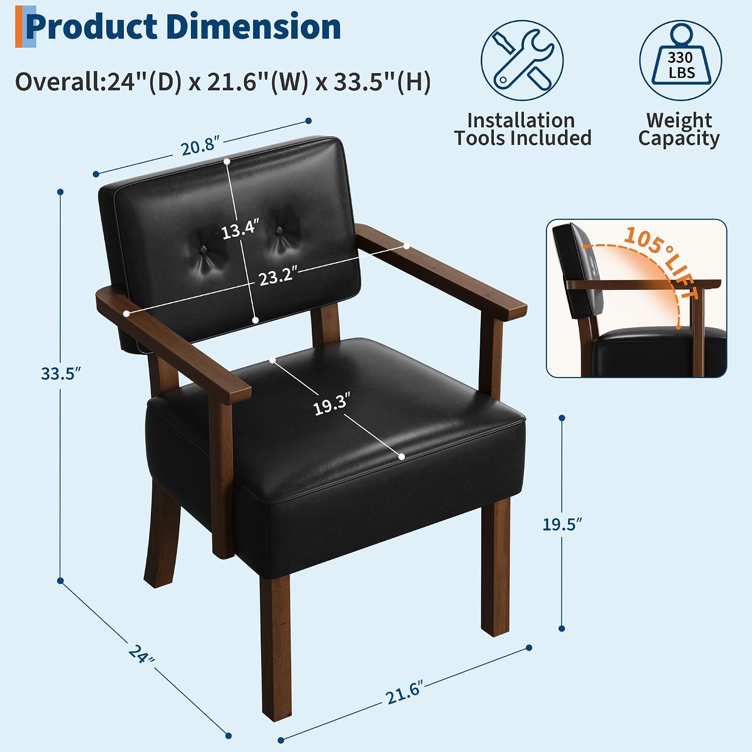 Garvee Accent Chair, Mid-Century Modern Faux Leather Armchair with Wood Frame, Button Tufted Upholstered Reading Chair for Living Room, Bedroom or Balcony, Black
