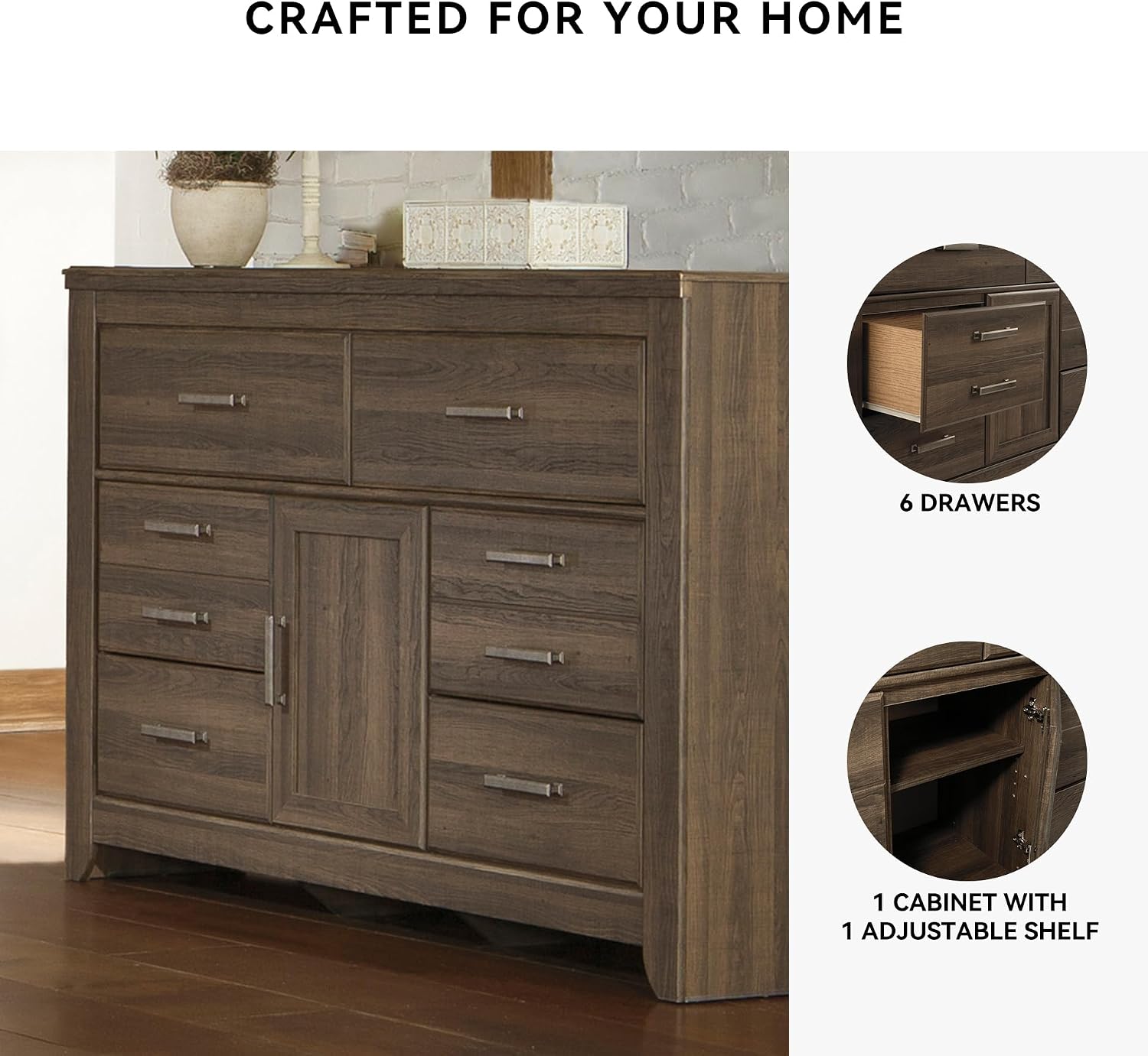 Signature Design by Ashley Juararo Rustic 6 Drawer Dresser with 1 Cabinet & Adjustable Shelf, Dark Brown
