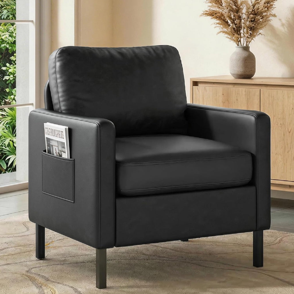 AODAILIHB Black Leather Accent Chair, Modern Accent Chairs with Arms, Small Chair with 2 Pocket/Thick Cushion Comfy Single Seat Sofa Couch for Living Room/Waiting Room/Office (1, Black)