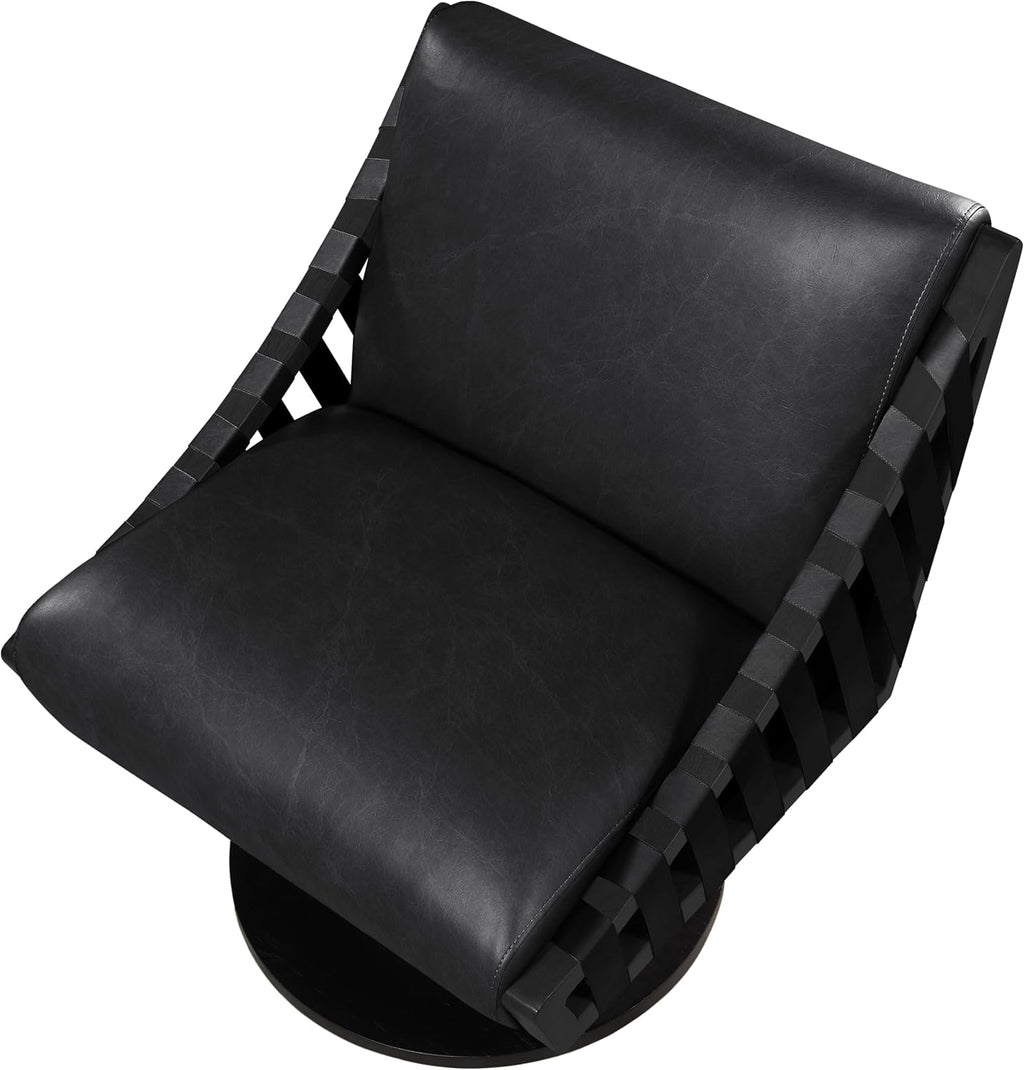 Meridian Furniture 33002Black Millwin Collection Art Deco Swivel Accent Chair with Rich Black Vegan Leather, Black Finish, Solid Wood Frame and Base, 28' W x 30' D x 32.5' H, Black