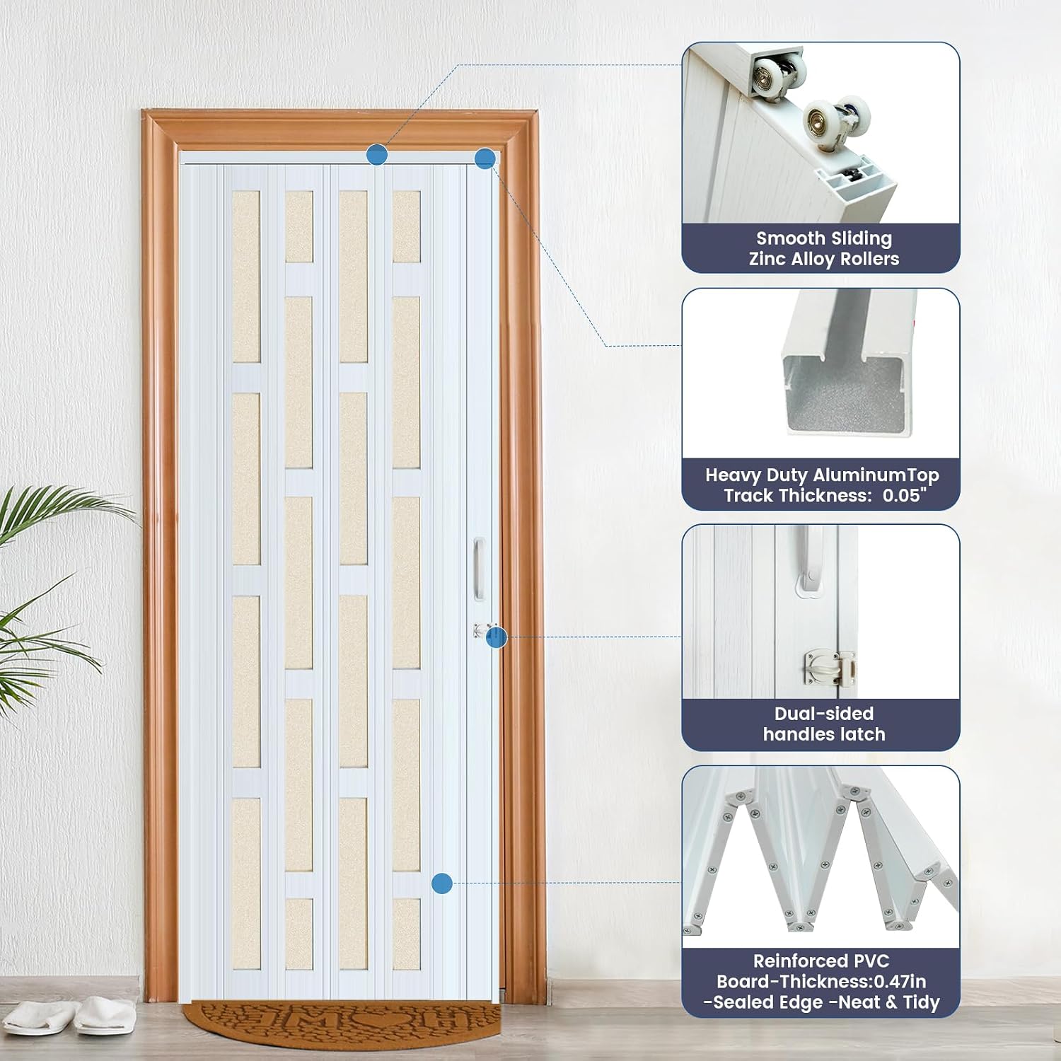 DIYHD 36X80in Glass Accordion Door with Latch&Handle, Double-Layer Thickened PVC Folding Interior Door with Frosted Acrylic - Blocks Views, Lets Light In, Easy Install for Closet, Utility&Room Divider
