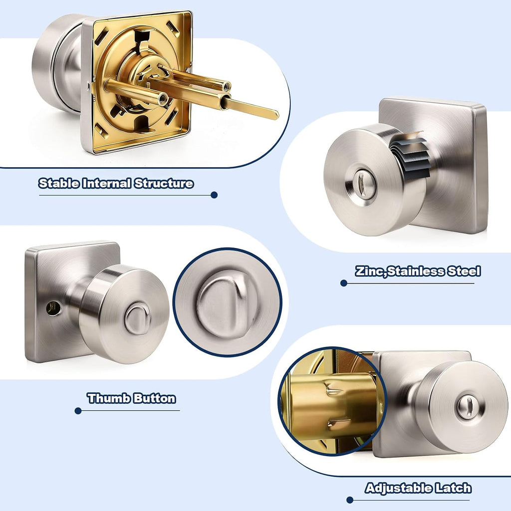 Orger 6 Pack Brushed Nickel Door Knobs Interior, Zinc-Alloy Keyless Silver Door Knob with Lock, Heavy Duty Privacy Square Door Knob for Bathroom and Bedroom