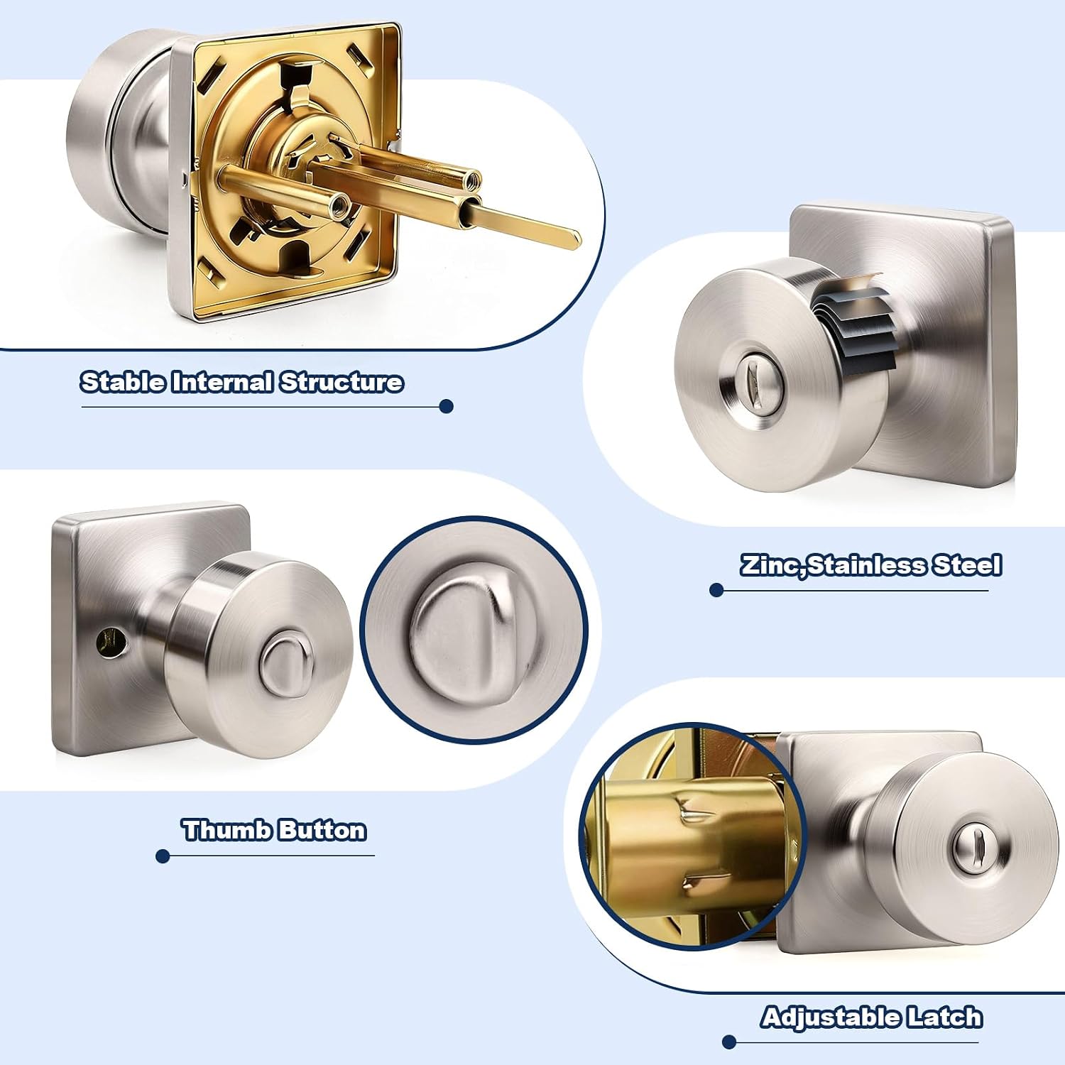 Orger 6 Pack Brushed Nickel Door Knobs Interior, Zinc-Alloy Keyless Silver Door Knob with Lock, Heavy Duty Privacy Square Door Knob for Bathroom and Bedroom