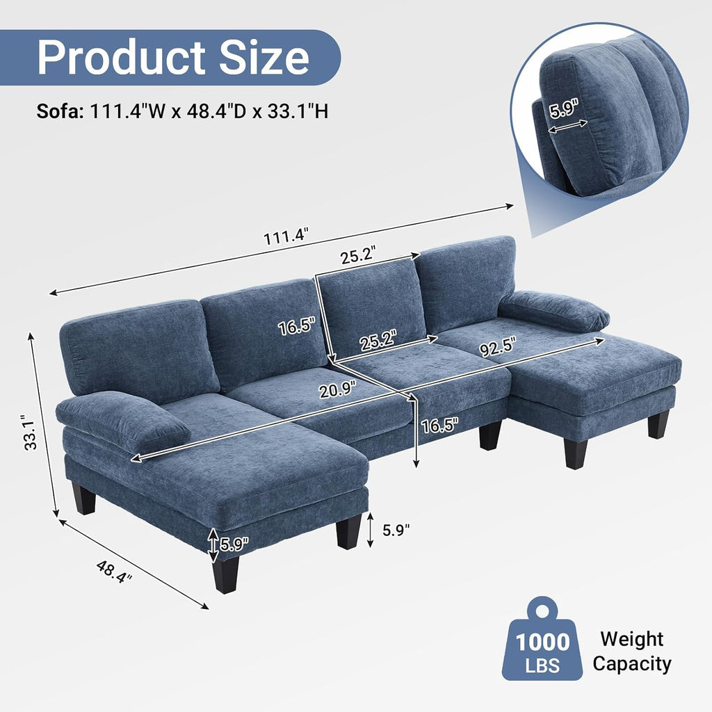 VINGLI 110' Sectional Couches for Living Room,U Shaped Couch with Double Chaise, 4-Seat Sofa Set with Corduroy Fabric for Home Furniture,Ocean Blue