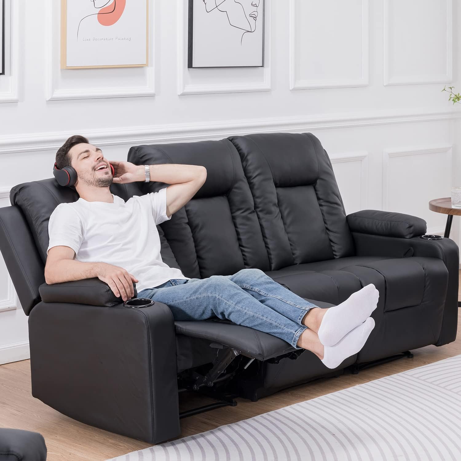 COMHOMA Recline Chair Set，Furniture 3PC Bonded Leather Recliner Set Living Room Set, Sofa, Recline Chair with massger(Black,Living Room Set 3)