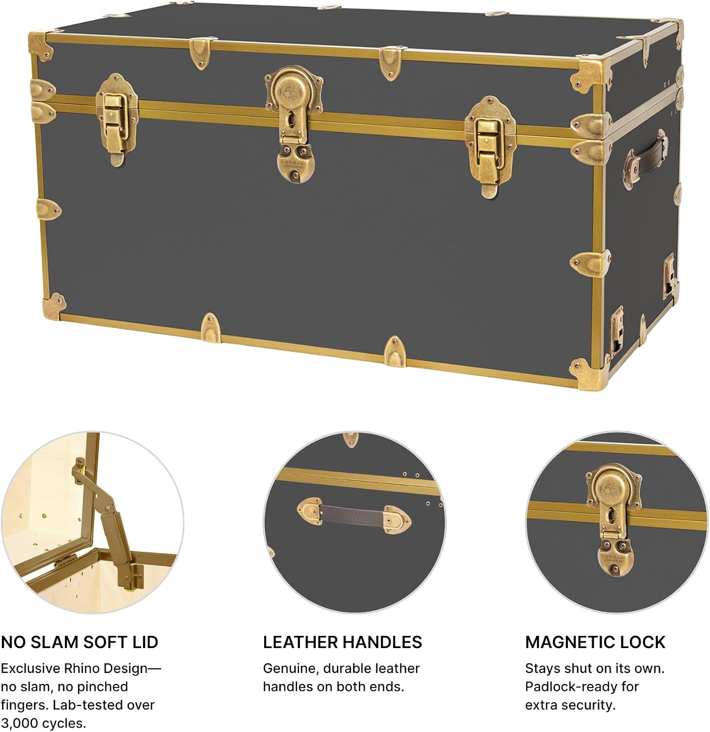 Rhino Trunk & Case Classic XXL College Trunk with Antique Brass Hardware, Soft Close - 36'x18'x18', Seats 1500+ lbs, USA Made Secure Dorm Footlocker, Home Storage, Steamer Style Blanket Chest