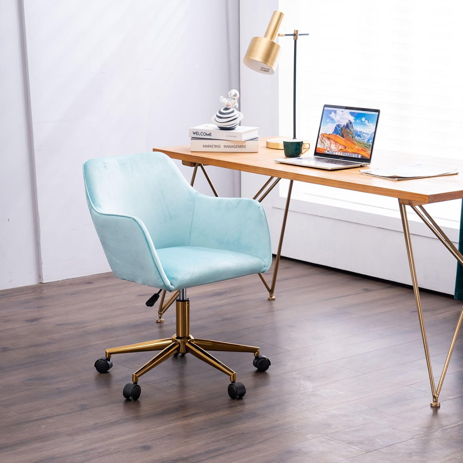 Modern Velvet, Height Adjustable, 360° Swivel Office Chair, Upholstered Cosmetic Dresser Armchair with Metal Feet and Backrest, Bedroom Furniture Light Blue