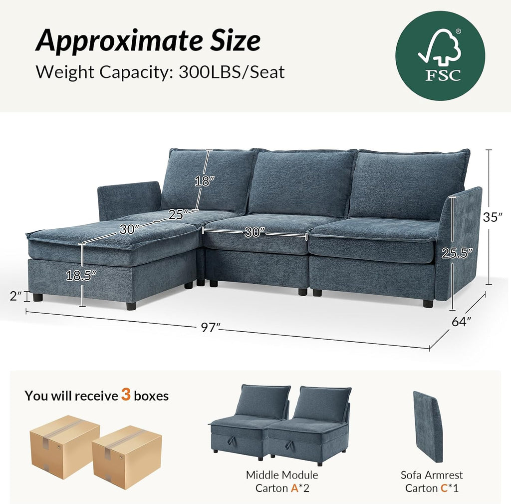 HULALA HOME 97'' Modular Sectional Sofa, L Shaped Couch with Storage Ottoman, Comfy Chenille Sofa with Deep Seat, 4 Seat Convertible Sectional Couches for Living Room, Blue